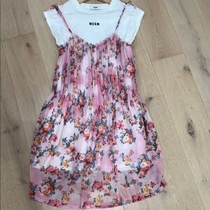 MSGM Pink Floral Overlay Dress with White Tee
